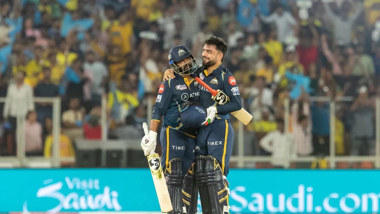 Two Guajarat Titans players after winning a cricket match 