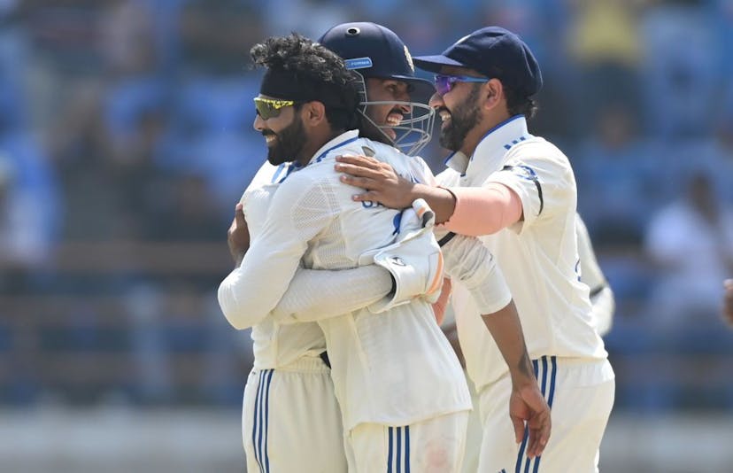Ravindra Jadeja of India celebrates with teammates after dismissing England captain Ben Stokes during day three of the 3rd Test Match