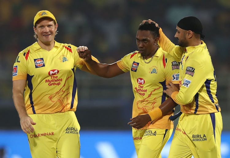 Dwayne Bravo of the Chennai Super Kings celebrates taking the wicket of Axar Patel of the Delhi Capitals during the Indian Premier League IPL Qualifier Final