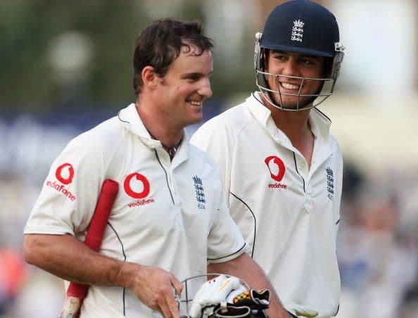 Alastair Cook (R) and Andrew Strauss of England