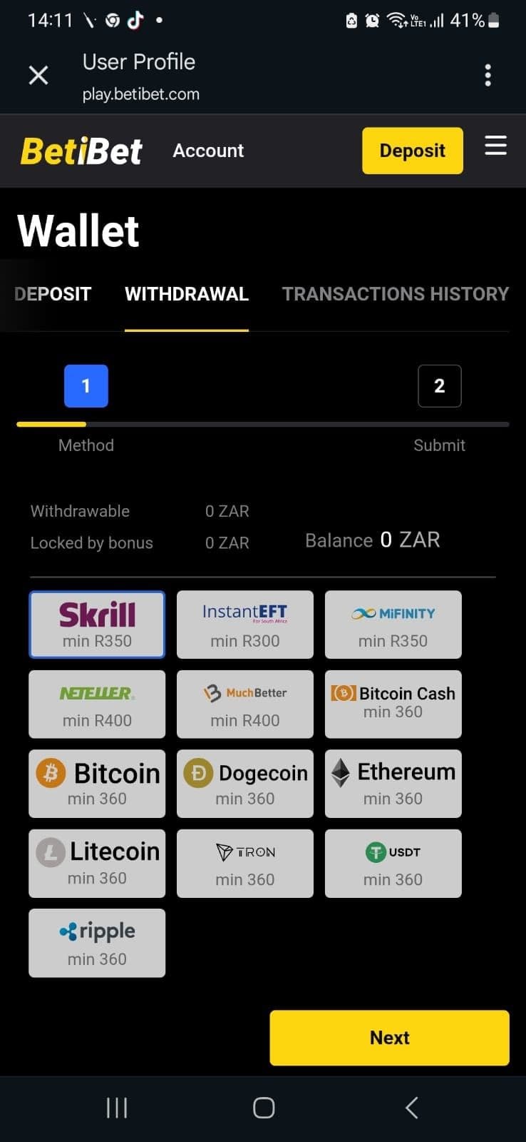 Betibet Withdrawal Methods
