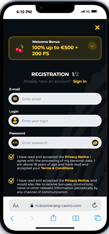 Boomerang Bet Registration