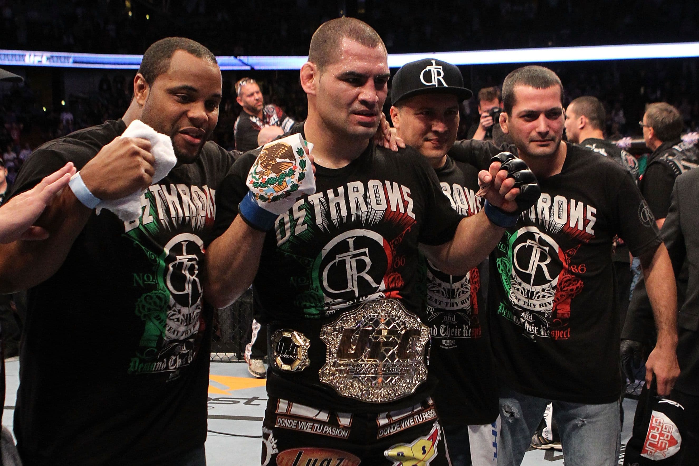 Cain Velasquez celebrates after defeating Brock Lesnar