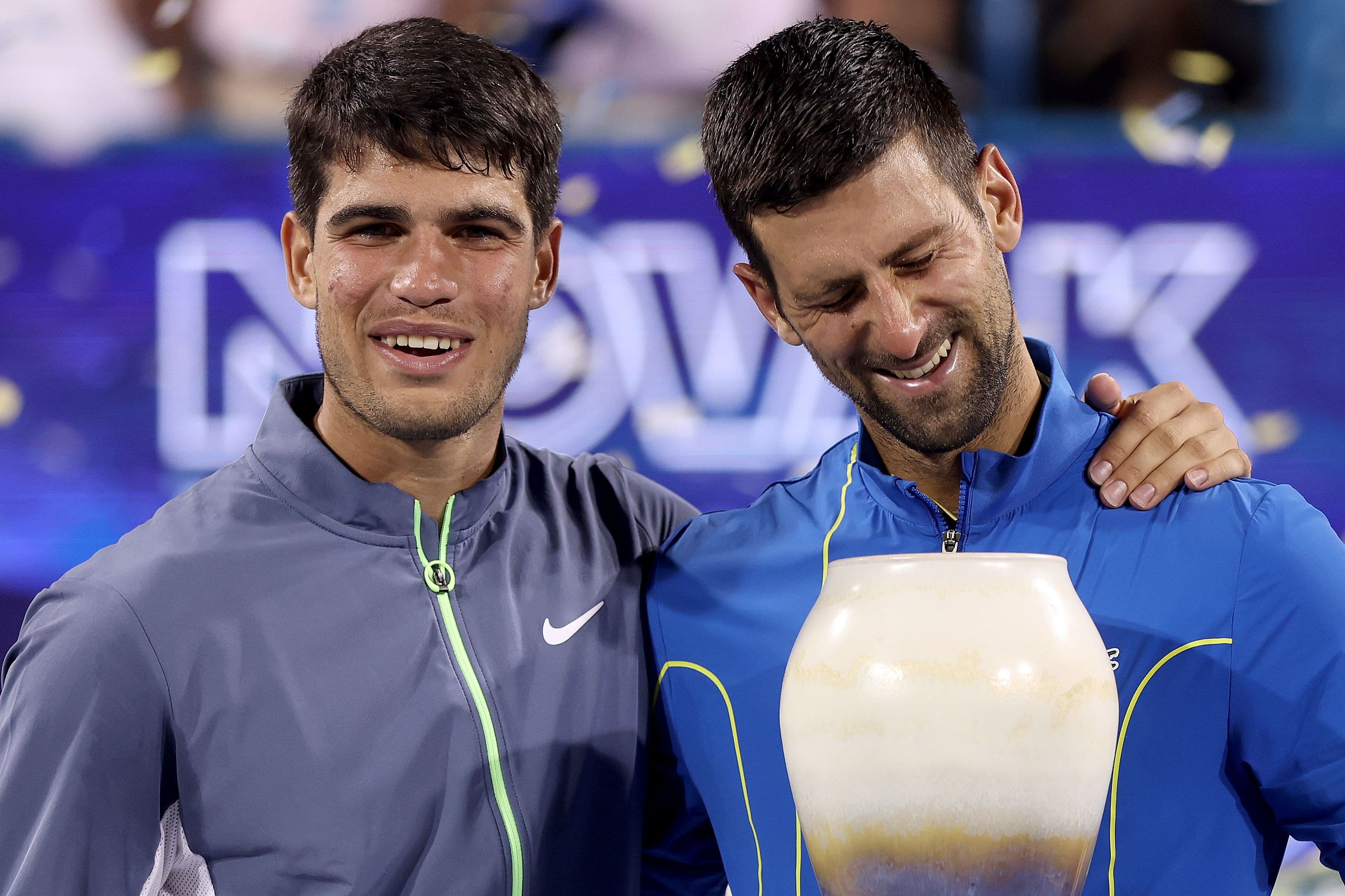 Carlos Alcaraz of Spain and Novak Djokovic of Serbia