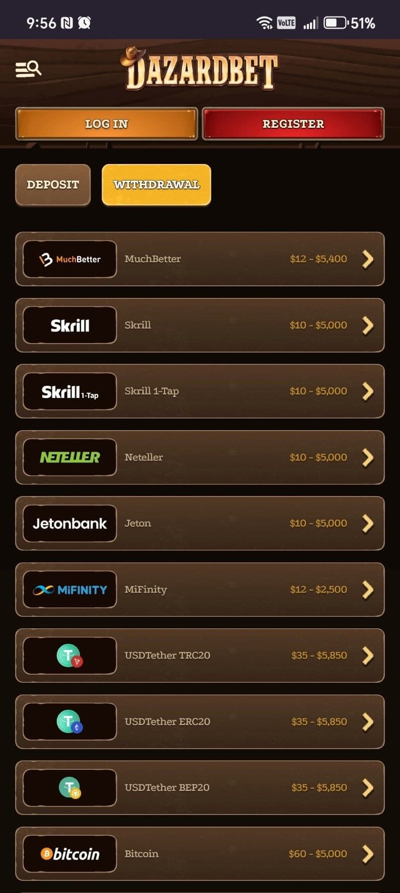 Choose your Dazard Bet withdrawal method.