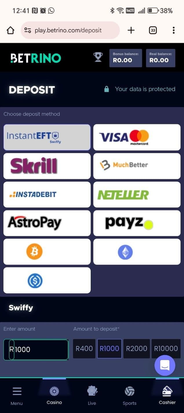 Choose your deposit method betrino