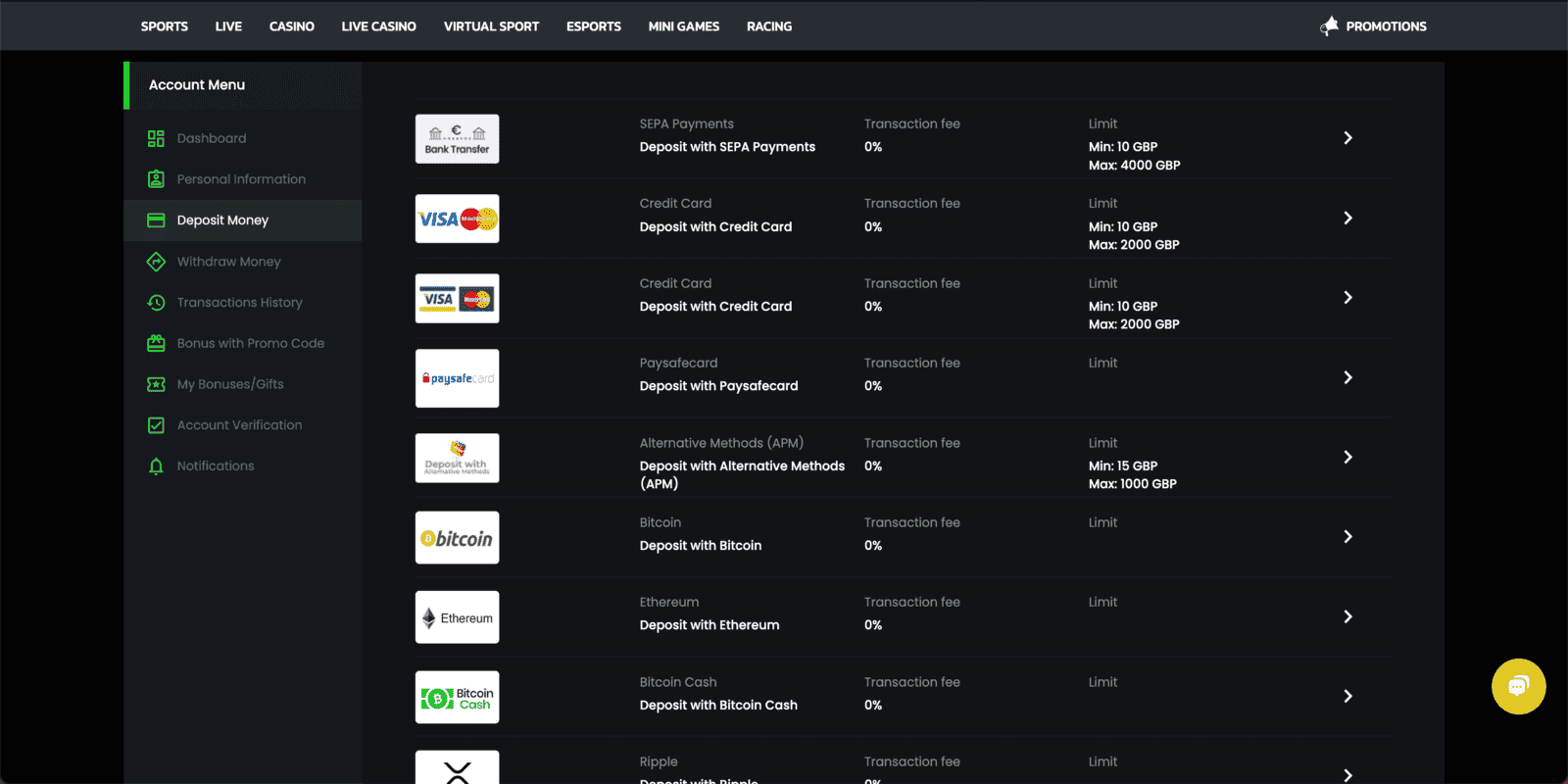 Choose your preferred deposit method