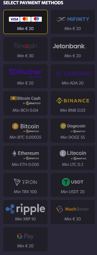 Choose your preferred deposit method from list.