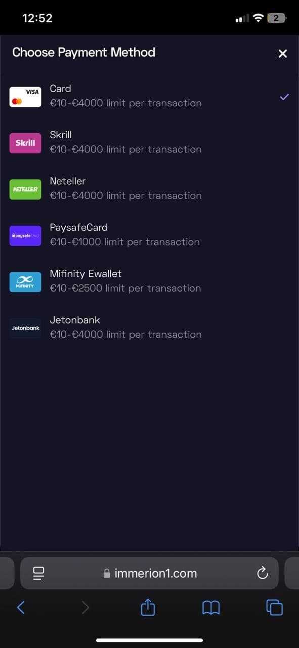 Choose your preferred payment method Immerion