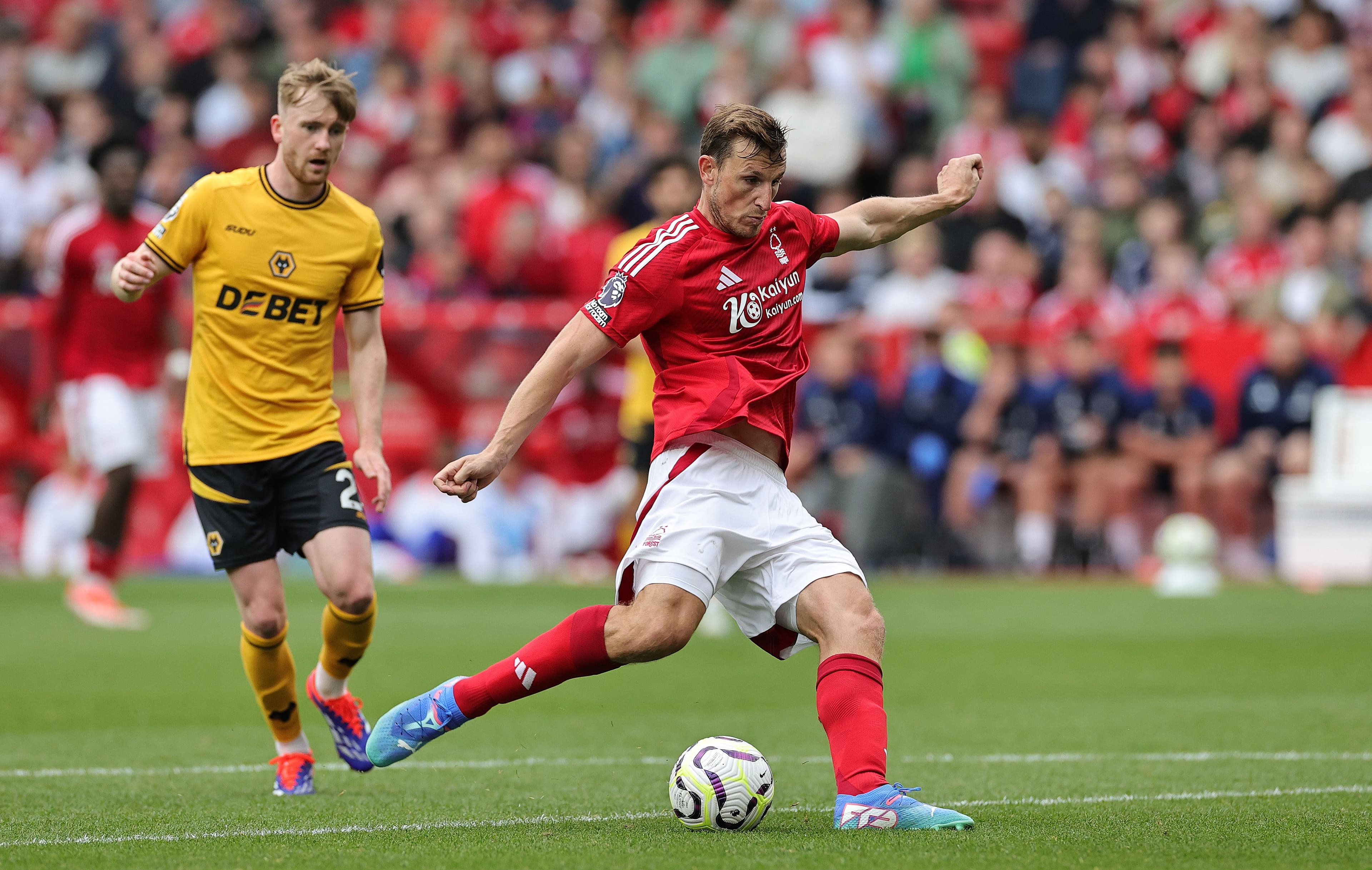 Chris Wood of Nottingham Forest takes a shot at goal