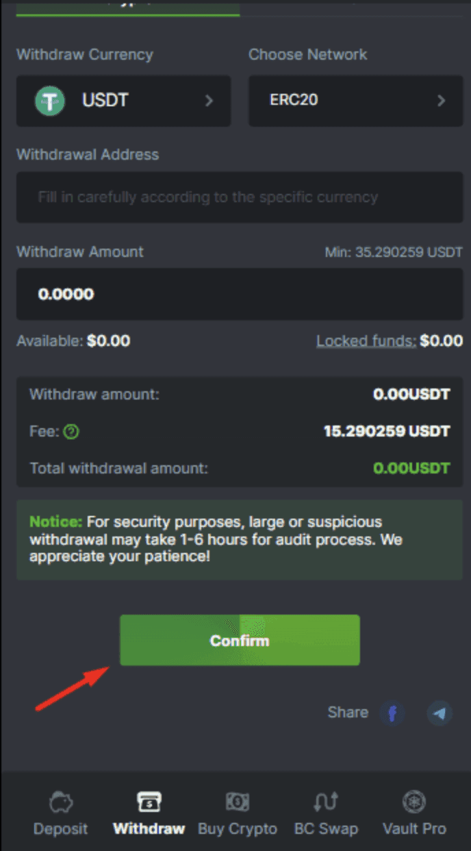 Confirm the amount, submit, and wait for auto-processing