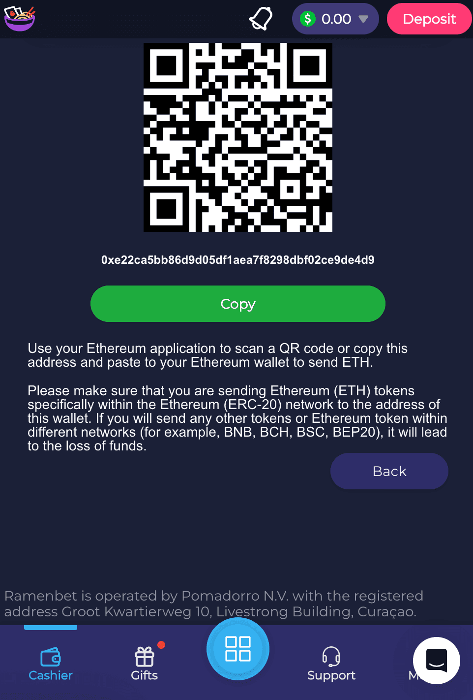 Copy the crypto wallet address shown on screen