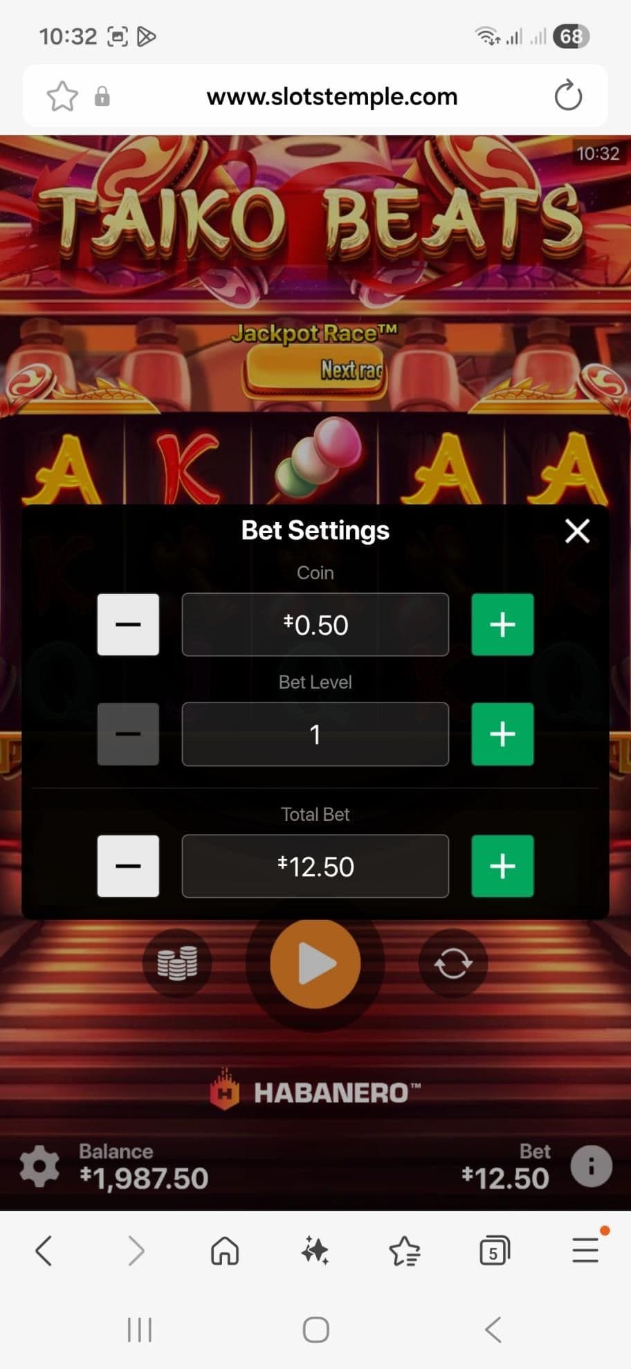 Deposit money and search for Taiko Beats Slot