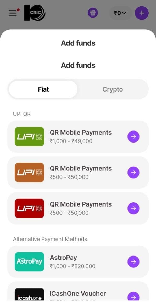 Deposit using one of the available payment methods