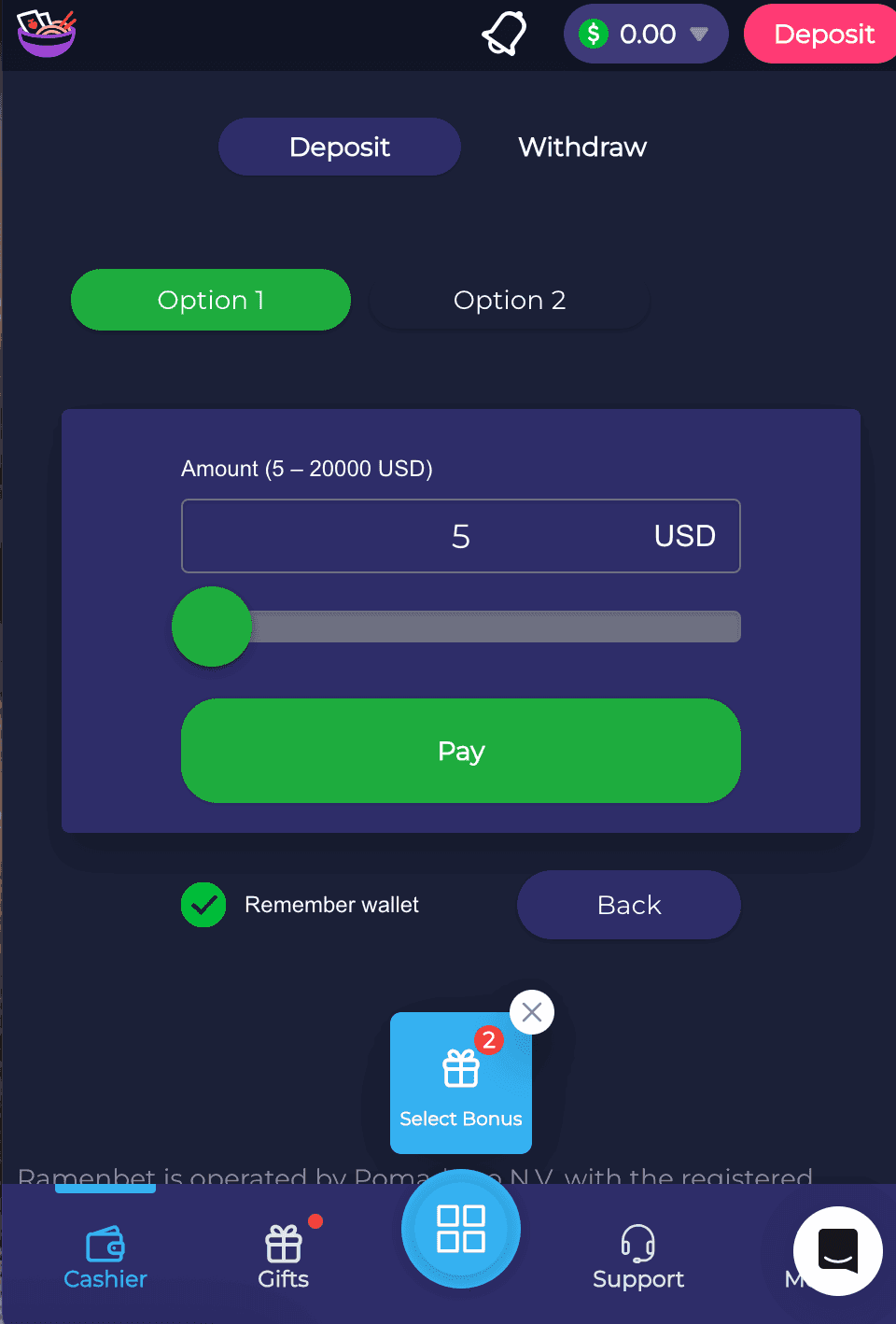 Enter the amount you wish to deposit Ramenbet