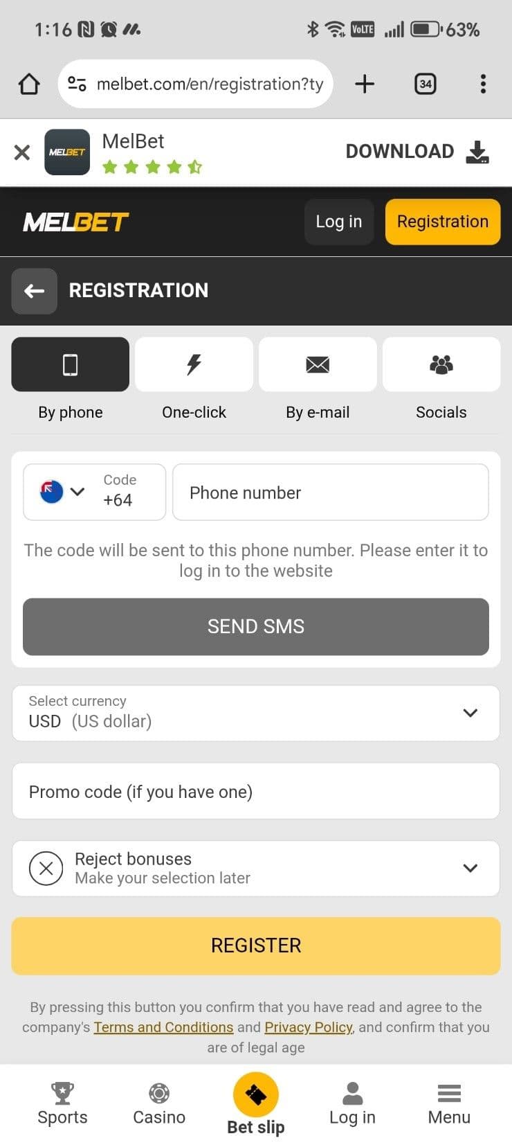 Enter your personal details in melbet account