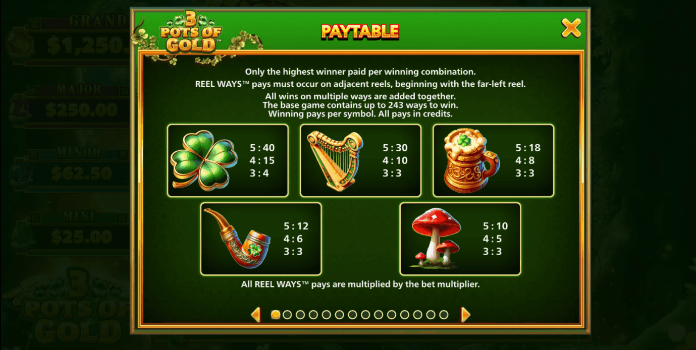 Game Symbols and Payouts 3 pots of gold