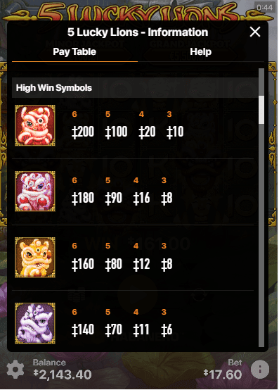 Game Symbols and Payouts 5 lucky lions!
