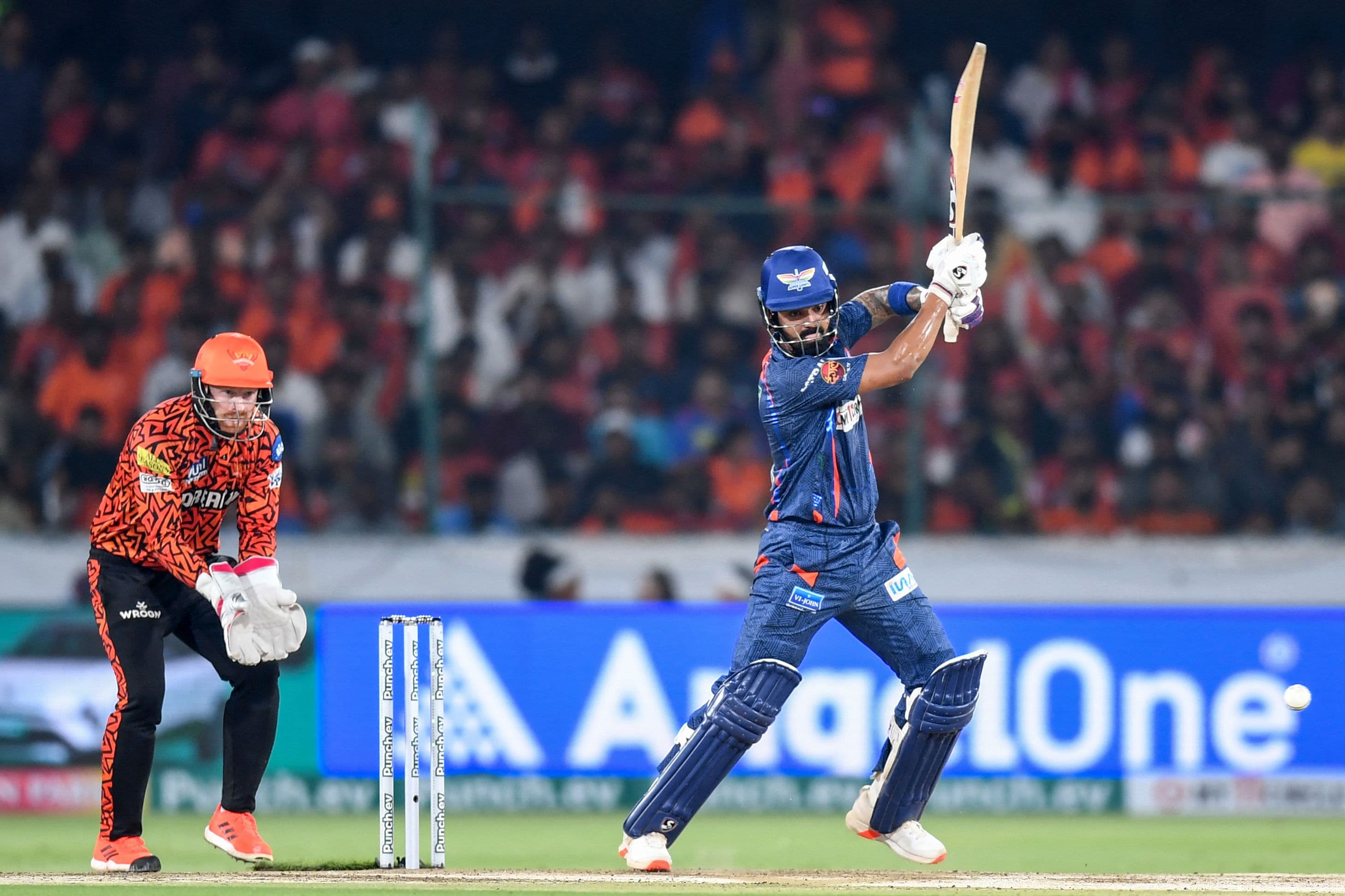 Lucknow Super Giants' captain KL Rahul plays a shot