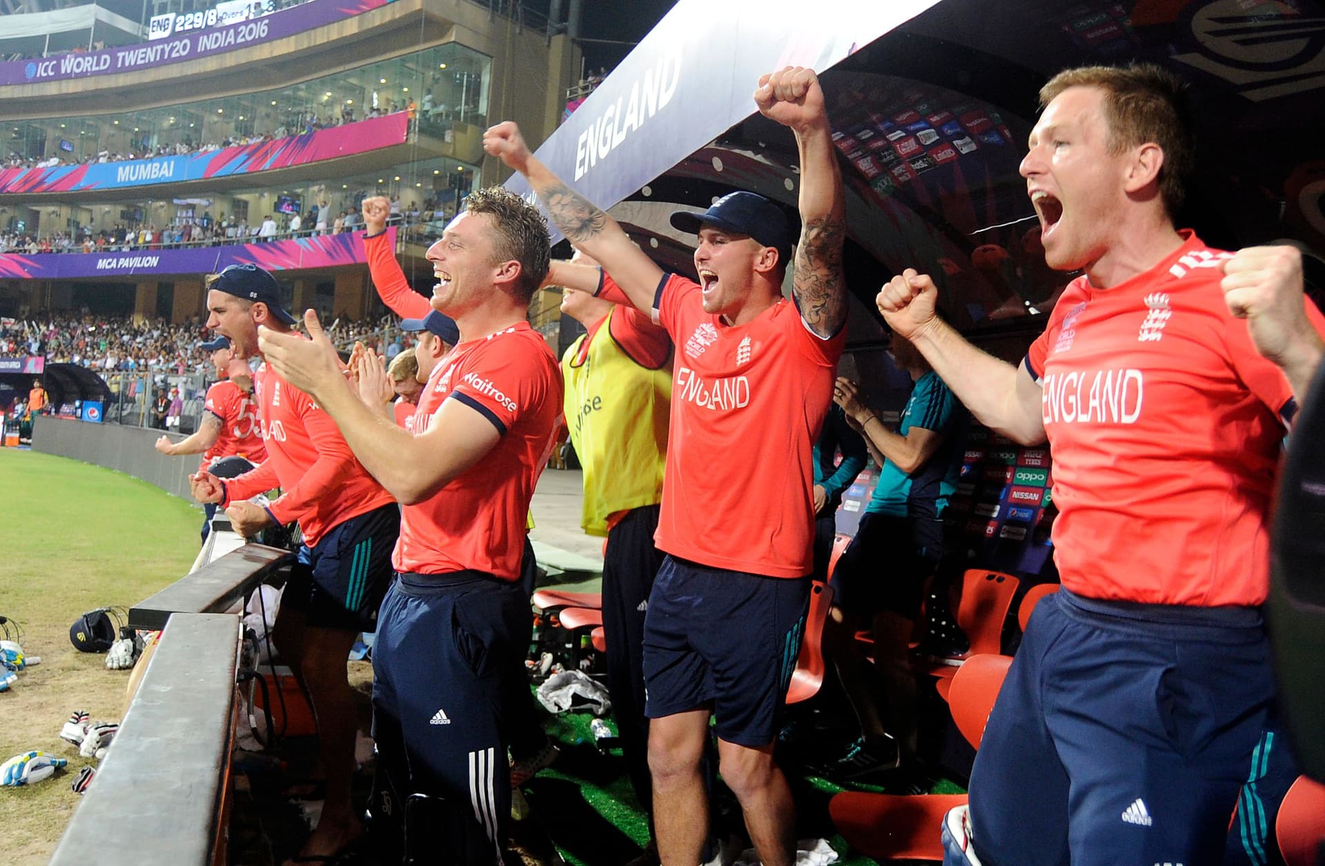 Team England celebrates after winning the ICC World Twenty20 India 2016 match between South Africa and England at the Wankhede stadium 