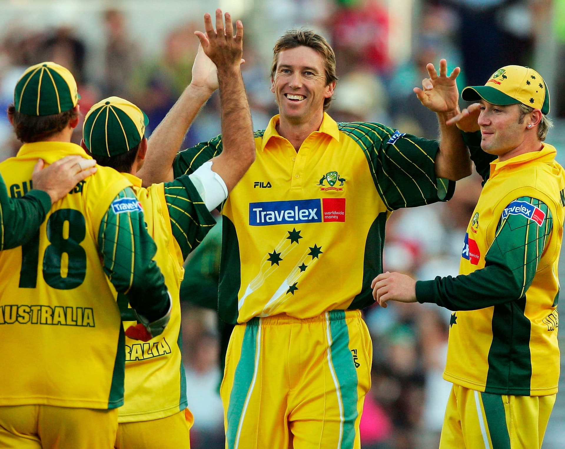Glenn McGrath of Australia celebrates the wicket