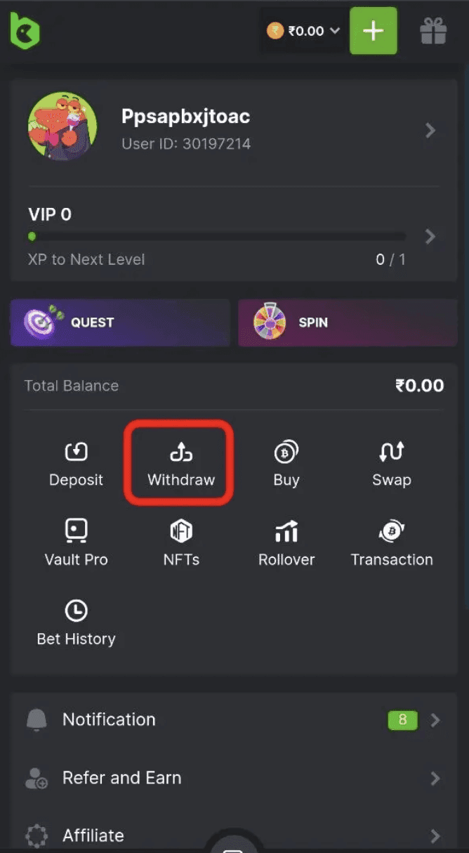 Go to Cashier, then click Withdraw