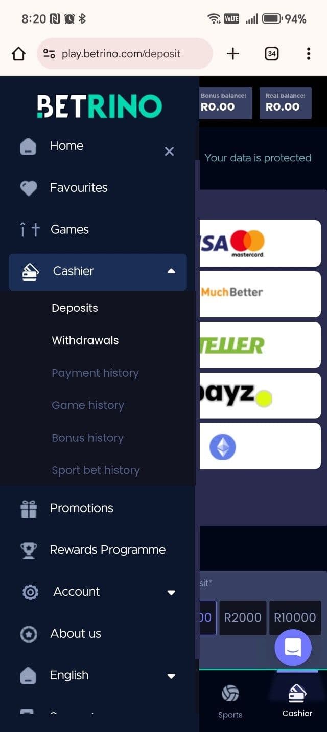 Go to the Cashier section betrino