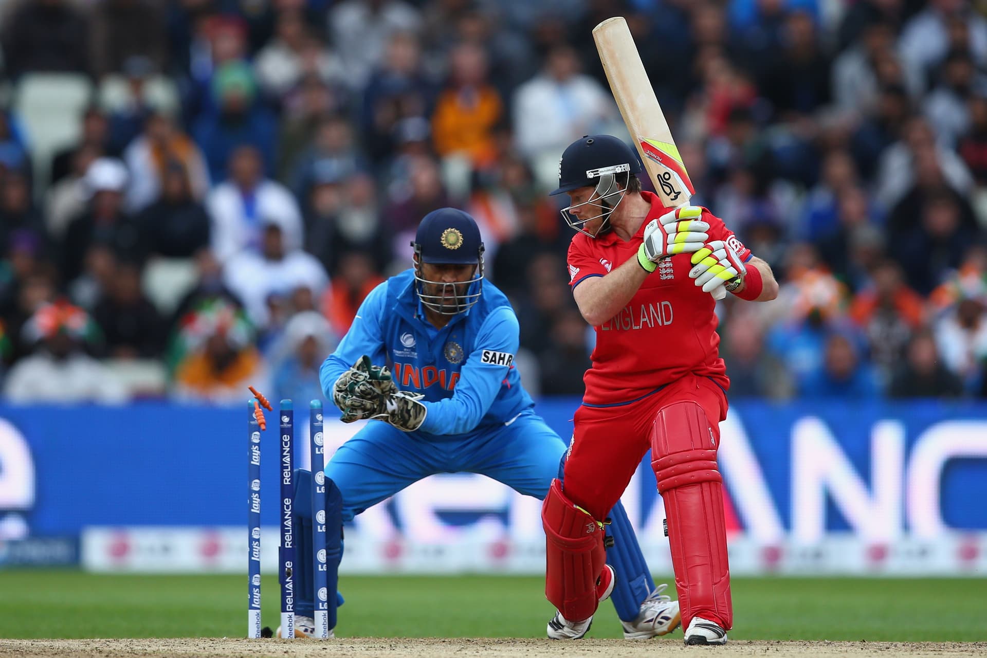 Ian Bell of England is stumped by MS Dhoni of India