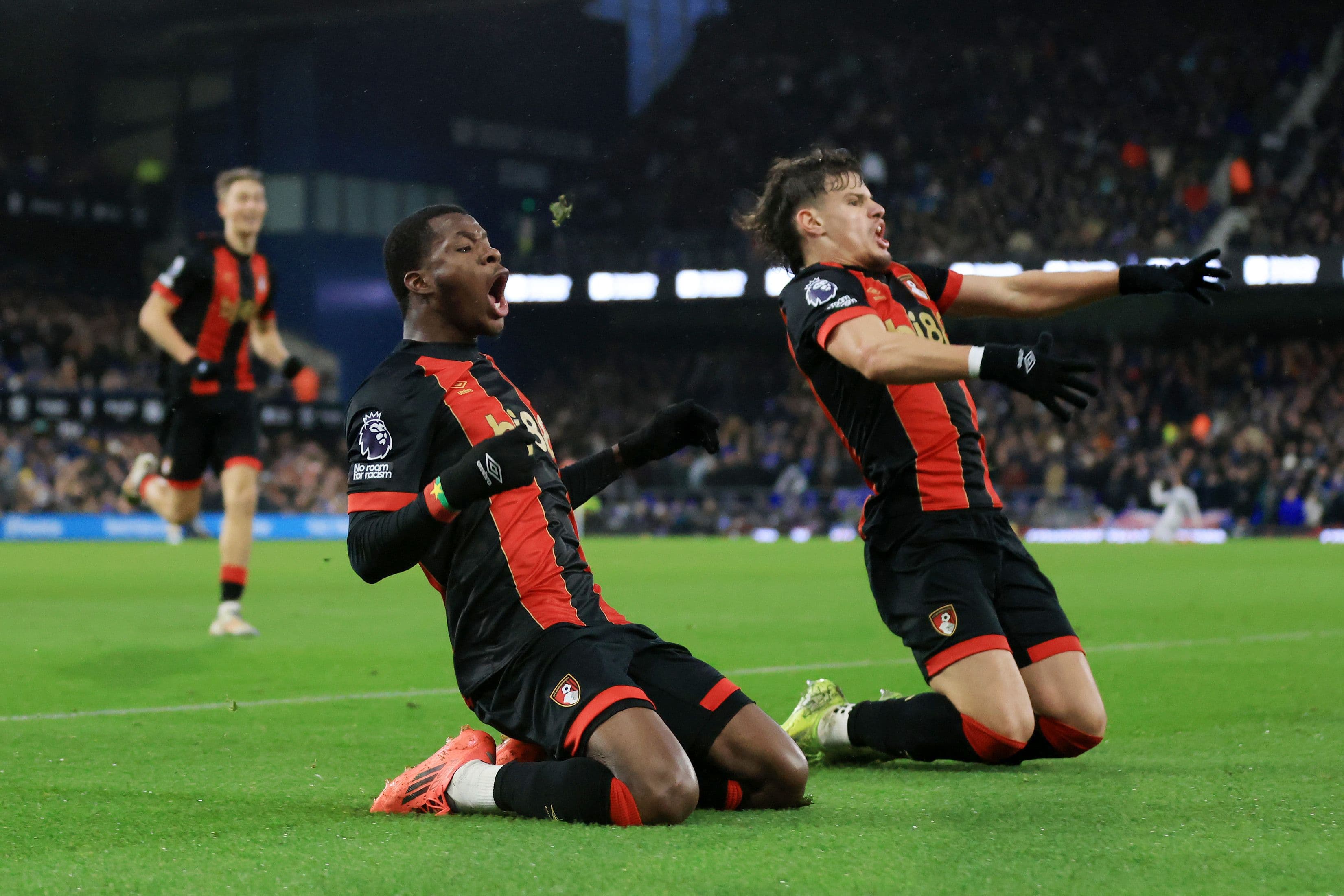  Dango Ouattara of AFC Bournemouth celebrates scoring his team's second goal during the Premier League match between Ipswich Town FC and AFC Bournemouth 