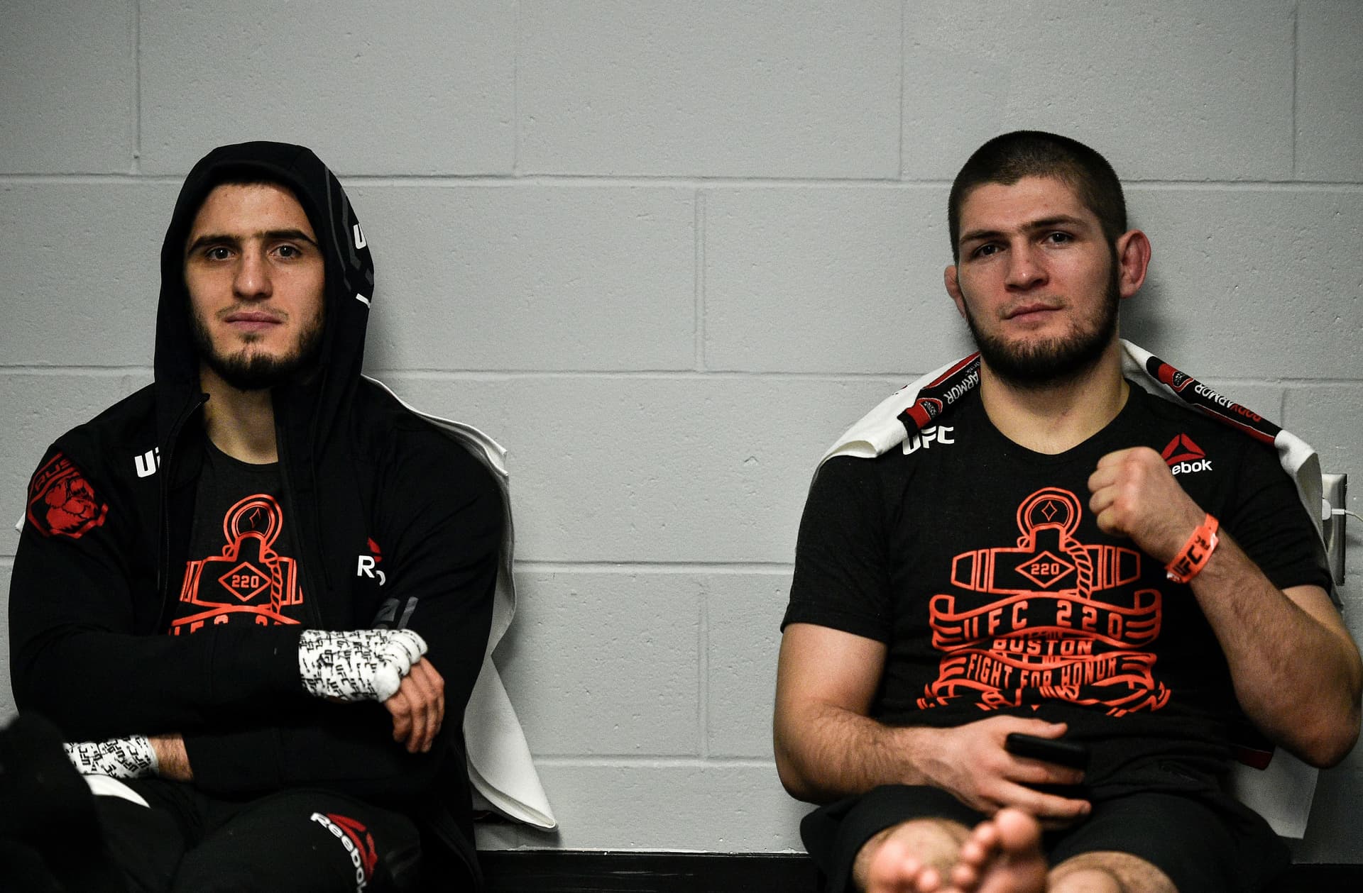 Islam Makhachev of Russia and Khabib Nurmagomedov