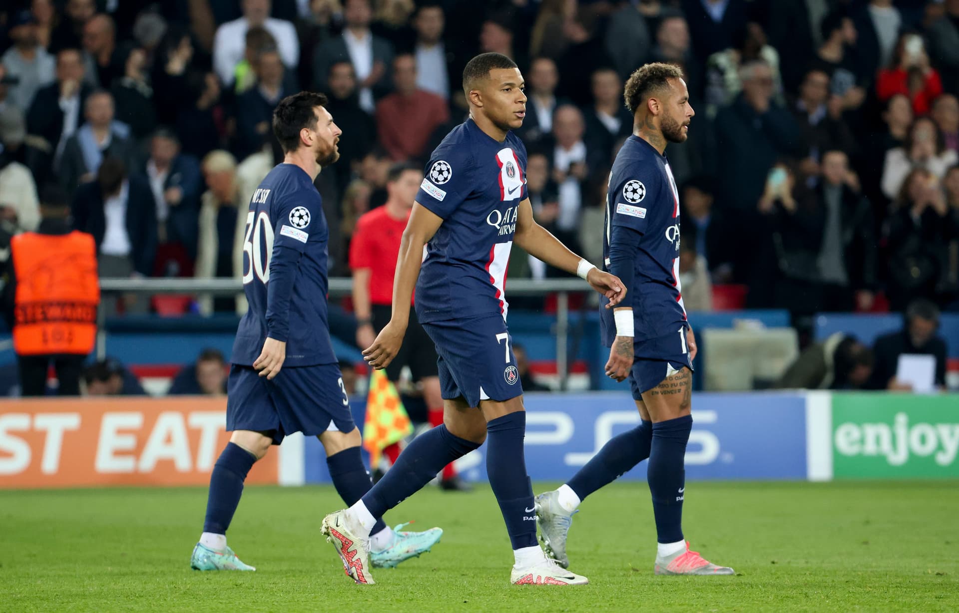 Kylian Mbappé, Lionel Messi, and Neymar playing for PSG.jpg