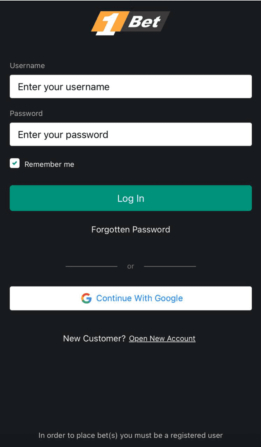 Log in to your 1Bet account