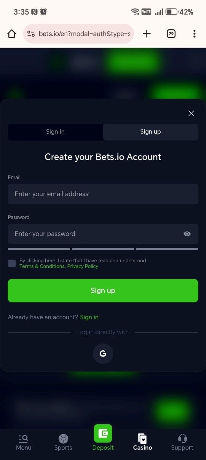 Log in to your Bets.io account 
