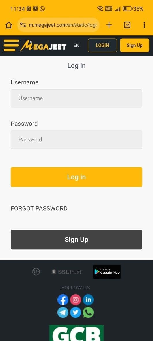 Log in to your Megajeet account.