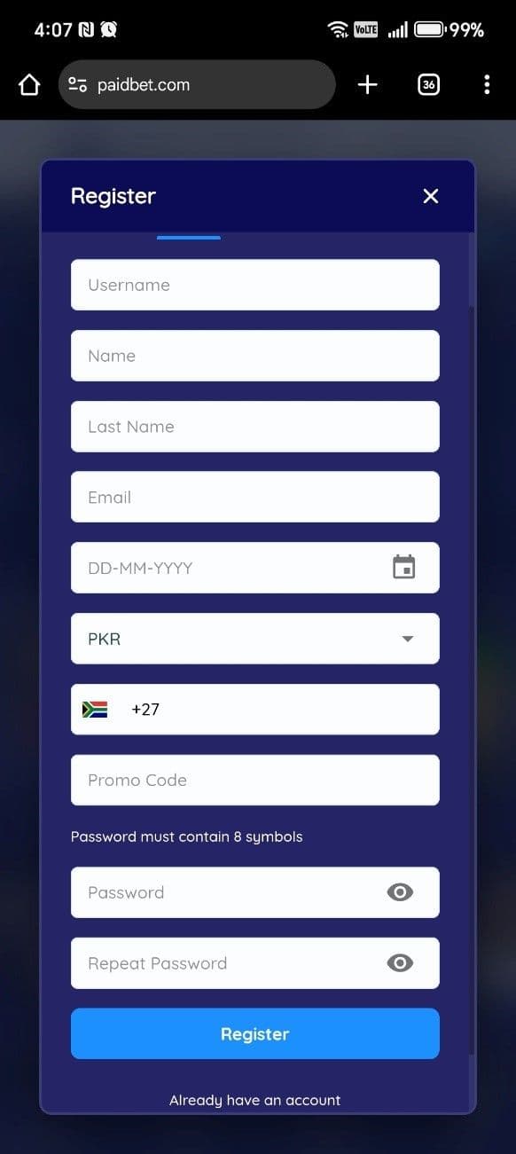 Log in to your Paidbet account 