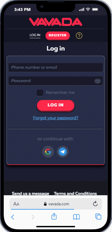 Log in to your Vavada account