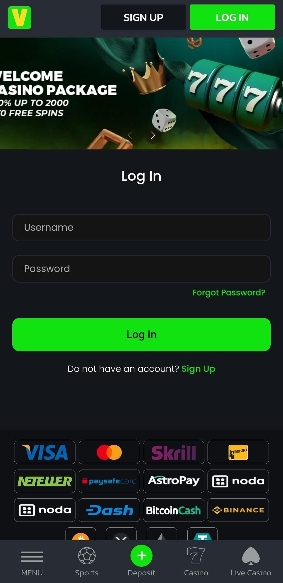 Log in to your Velobet account