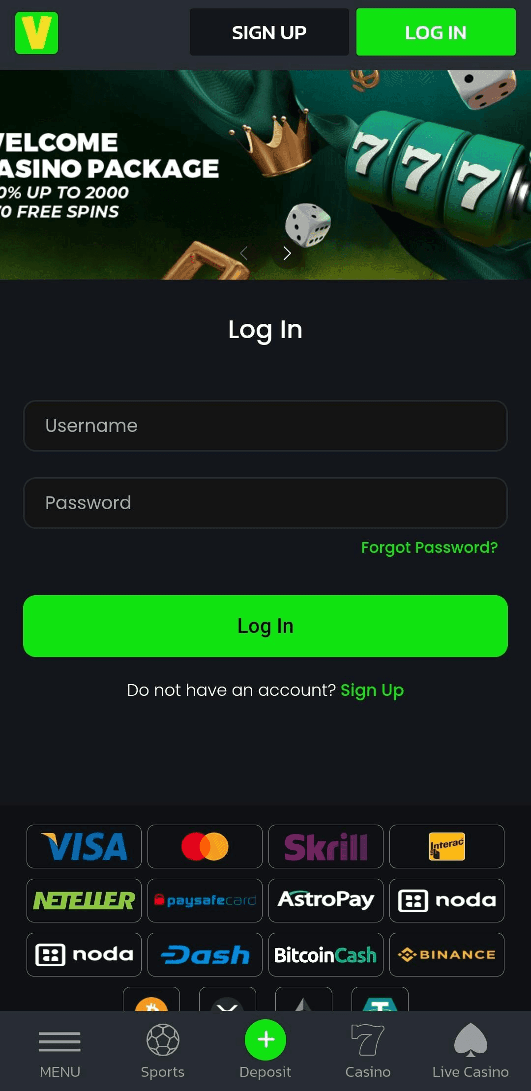 Log in to your Velobet account..