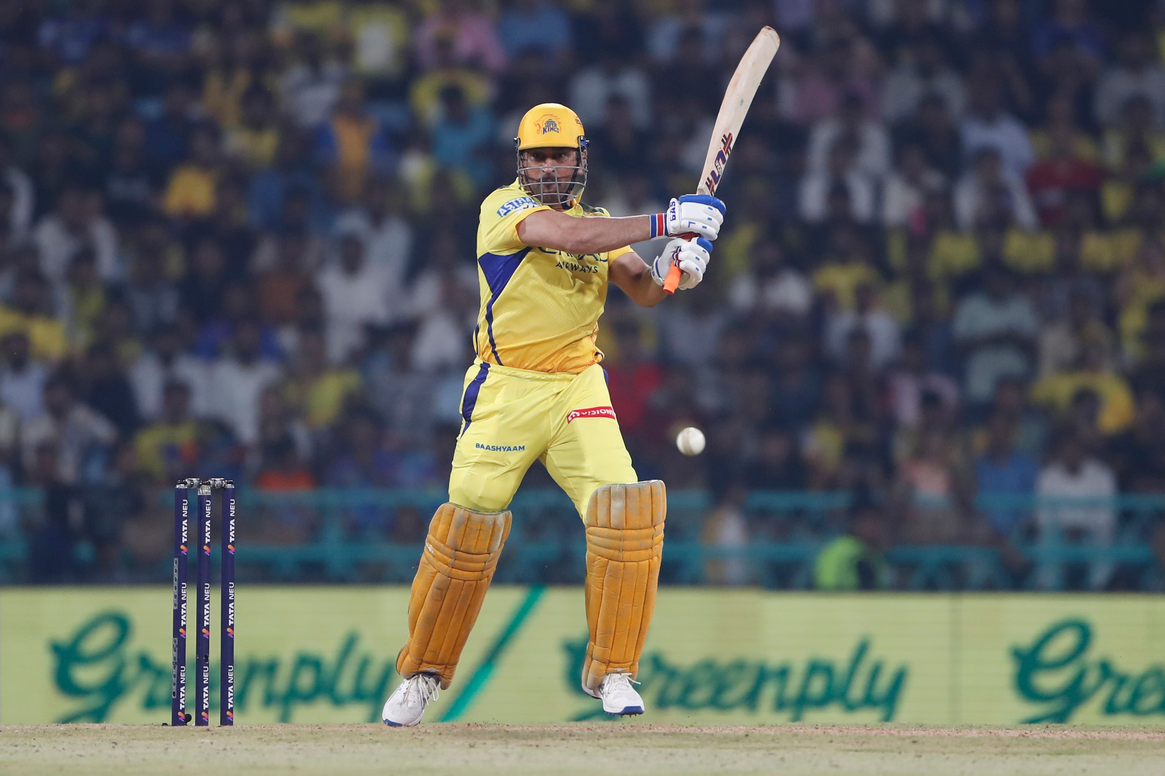 MS Dhoni of Chennai Super Kings play a shot
