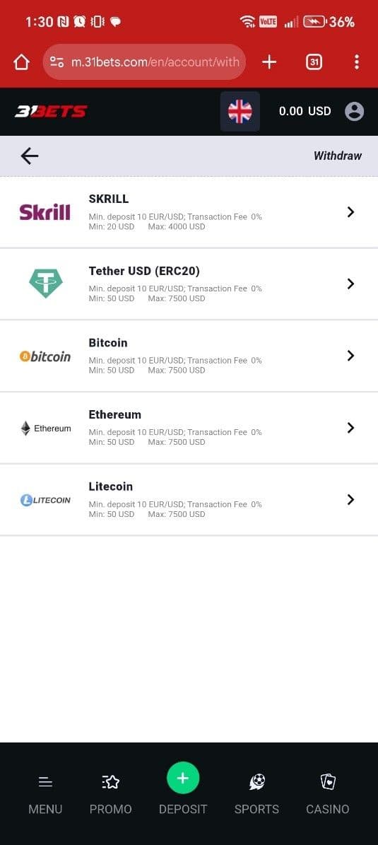 Navigate to the ‘Withdraw’ section