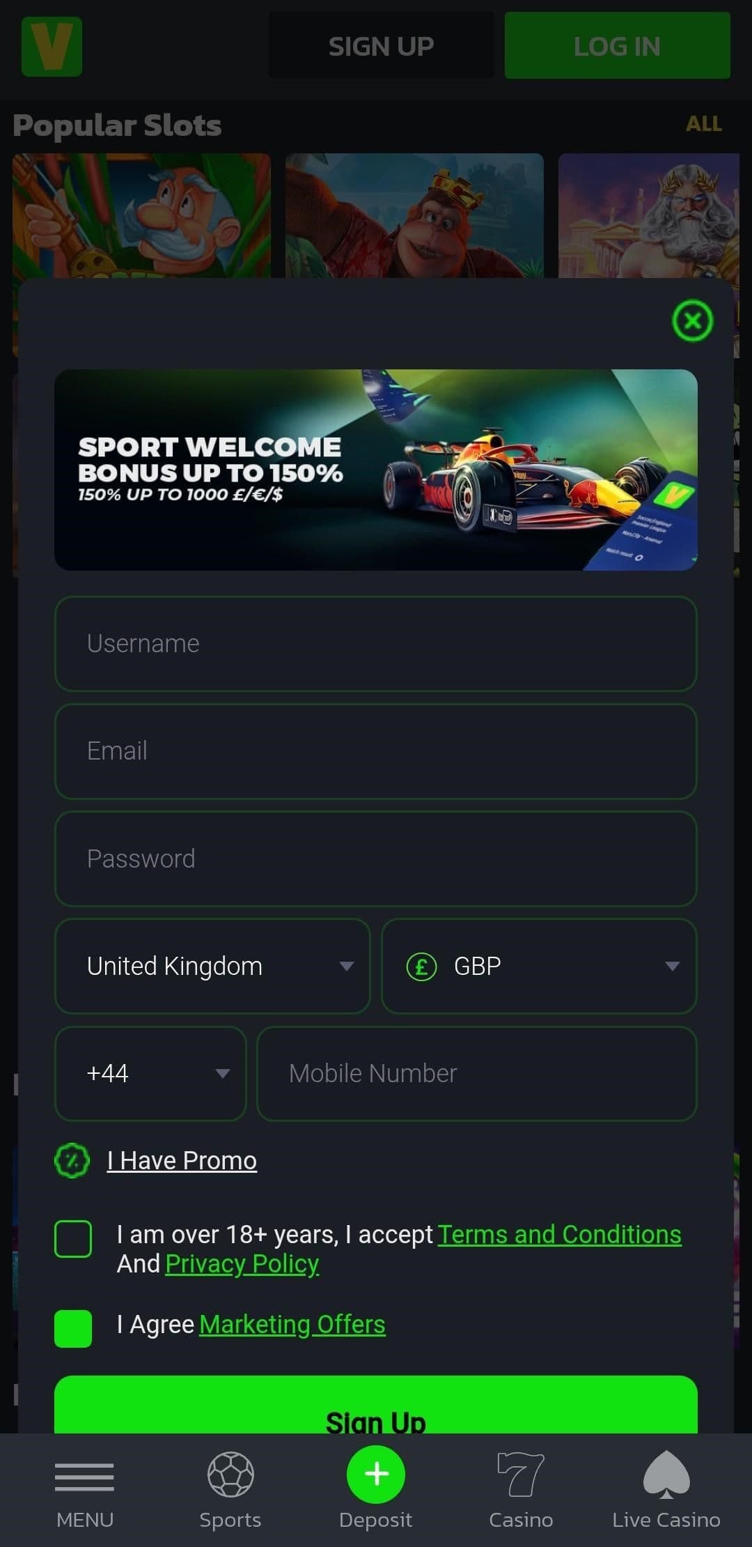 On the one-page registration form Velobet