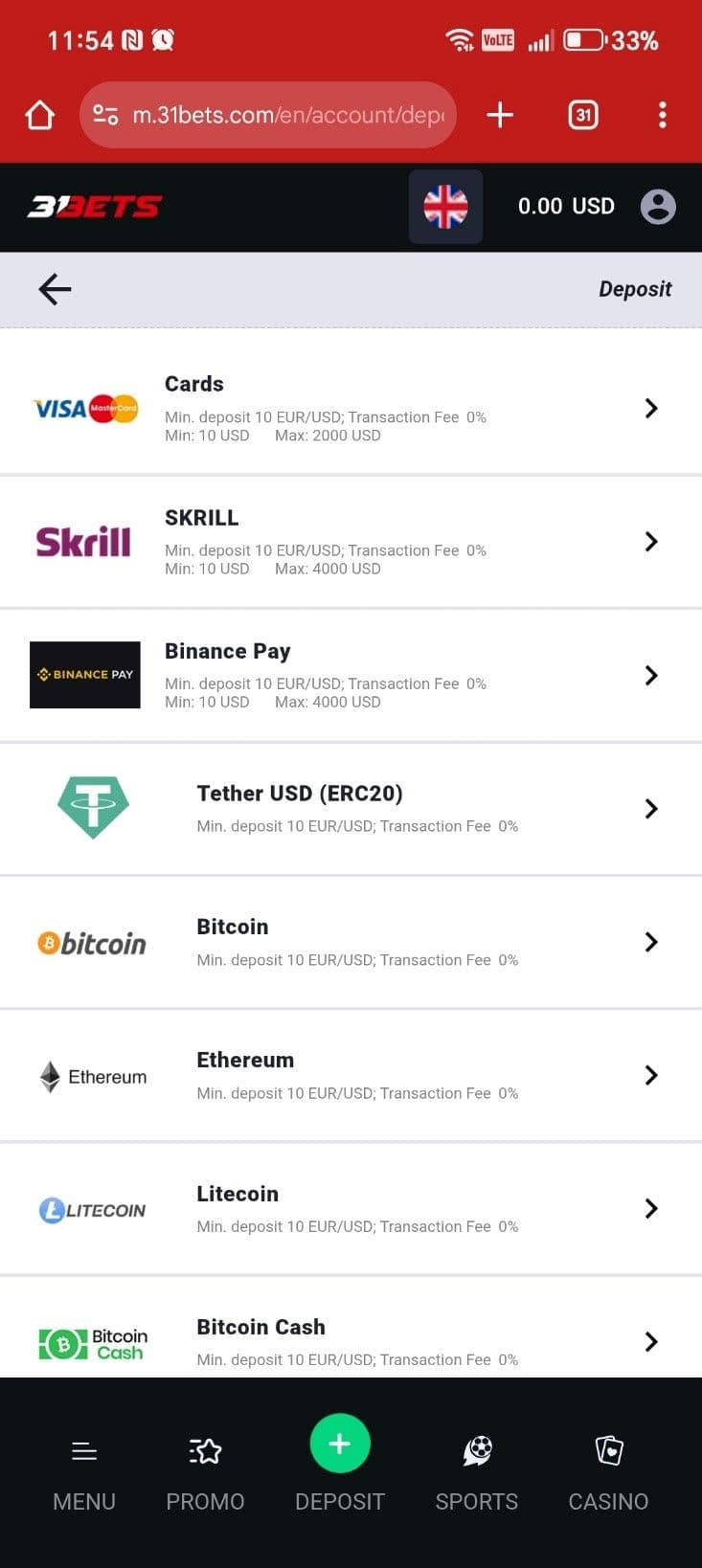 Select your 31 Bets funding options