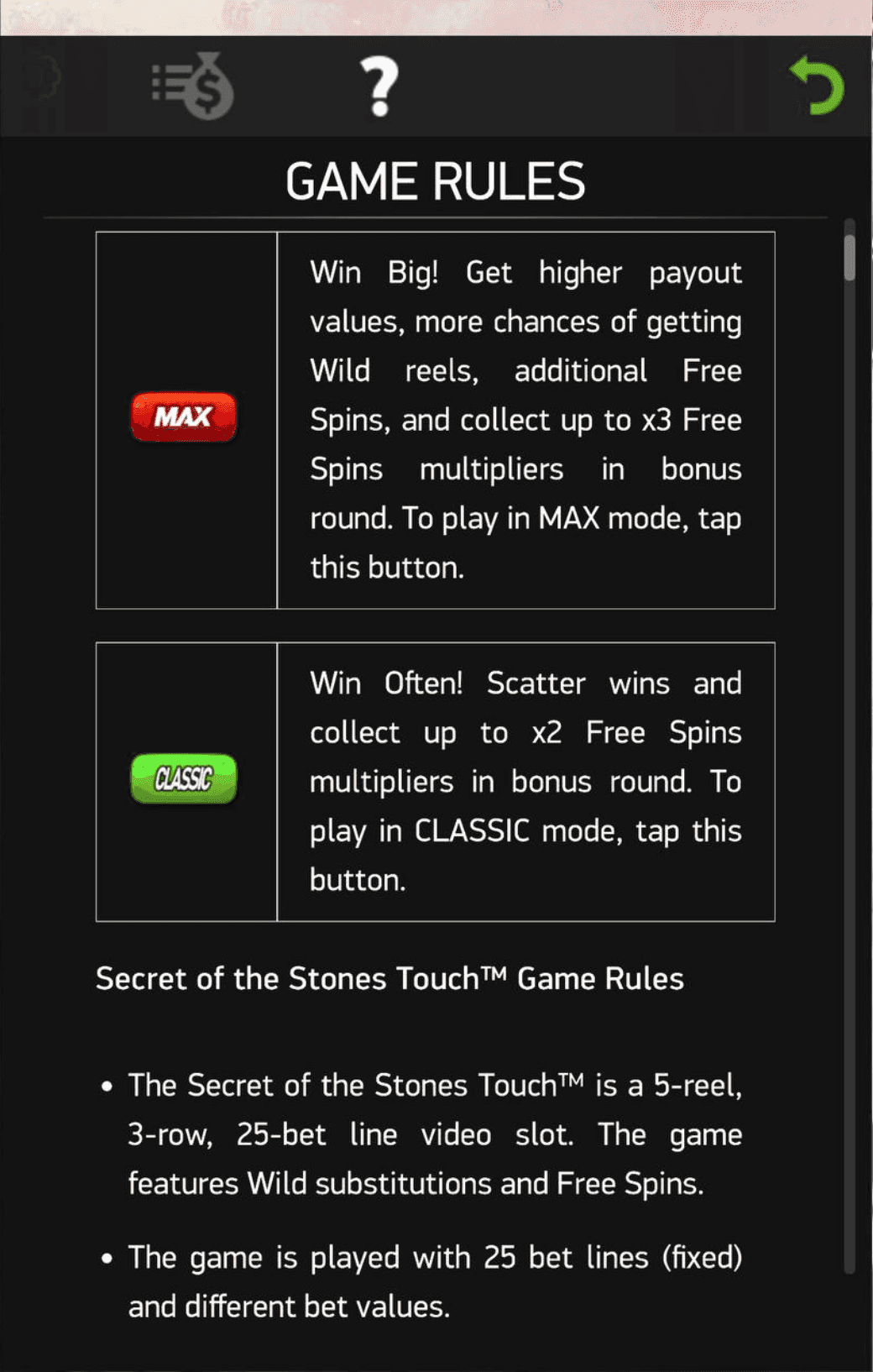 Set your bet between $0.25 and $125