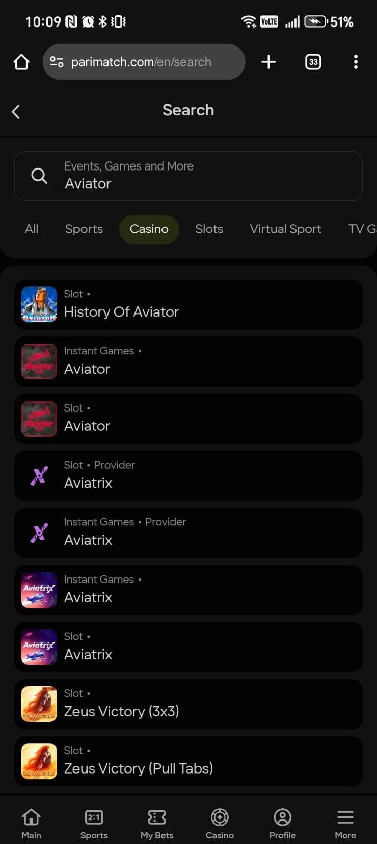 Type Aviator in the search bar 