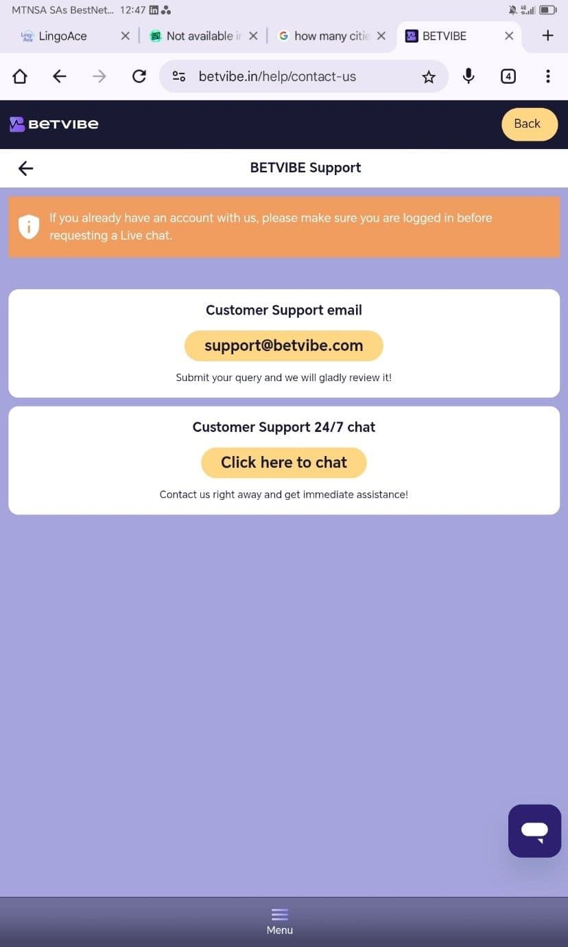Use the Betvibe live chat feature 