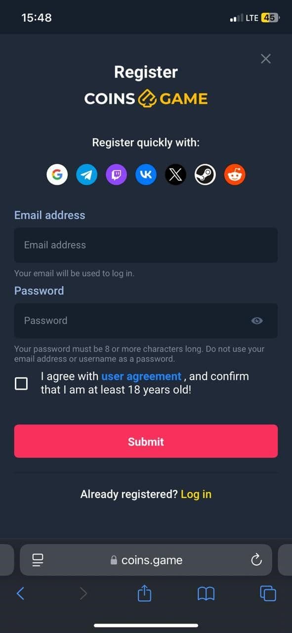 Visit coins.game and click on “Register.” 
