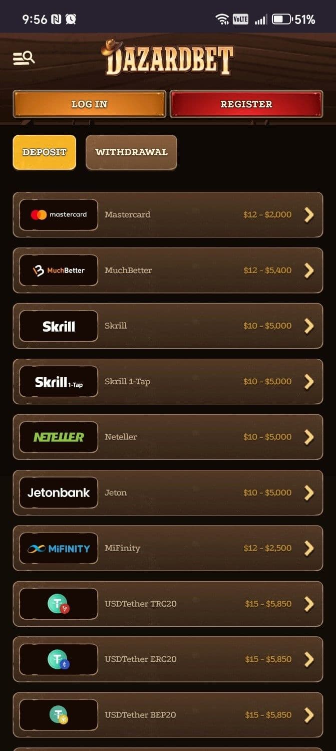 click on the Deposit button to explore Dazard Bet 