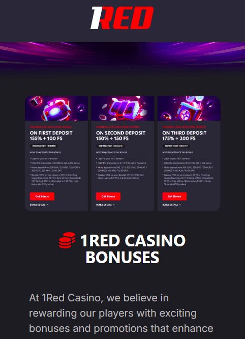 1Red High Roller Welcome Bonuses