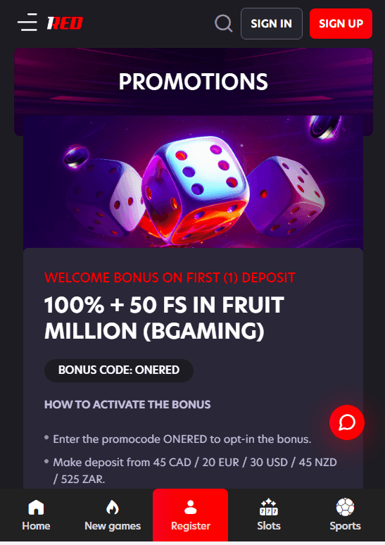 1Red Sports and Casino Welcome Offer