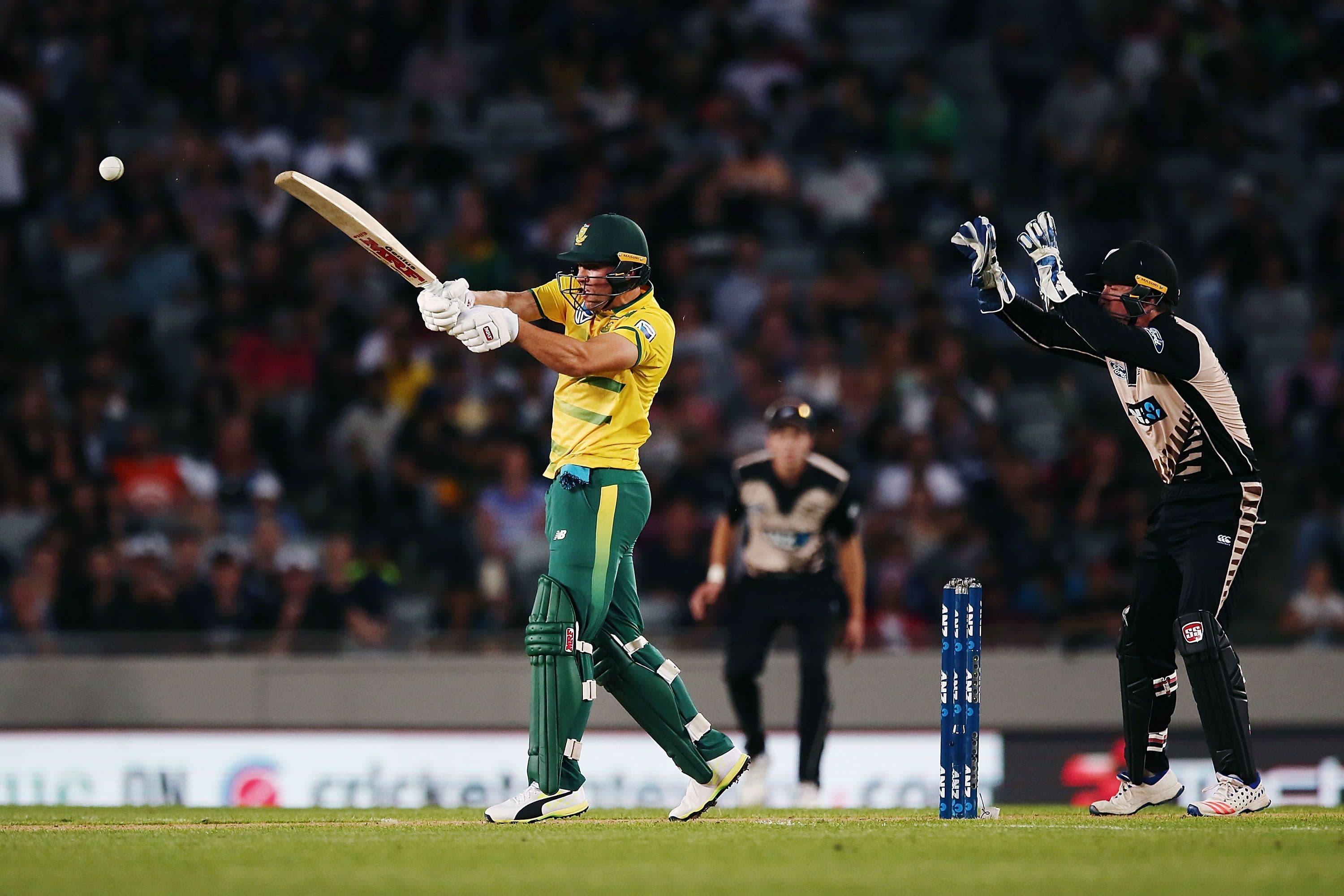 AB de Villiers of South Africa bats as Luke Ronchi of New Zealand